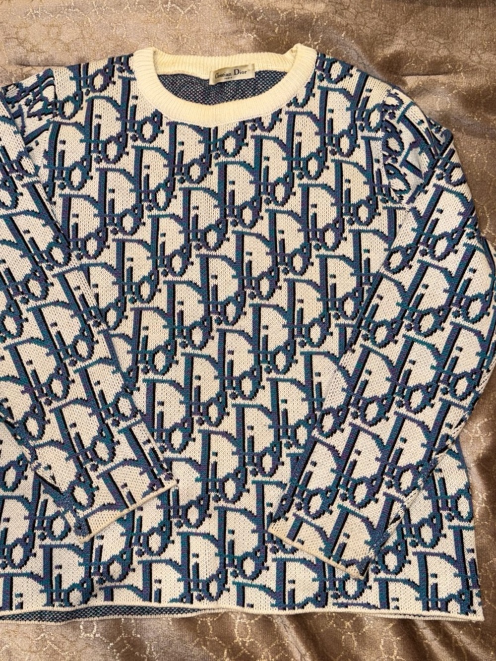 Dior Cream, Blue & Navy Logo Knit Crew Sweater